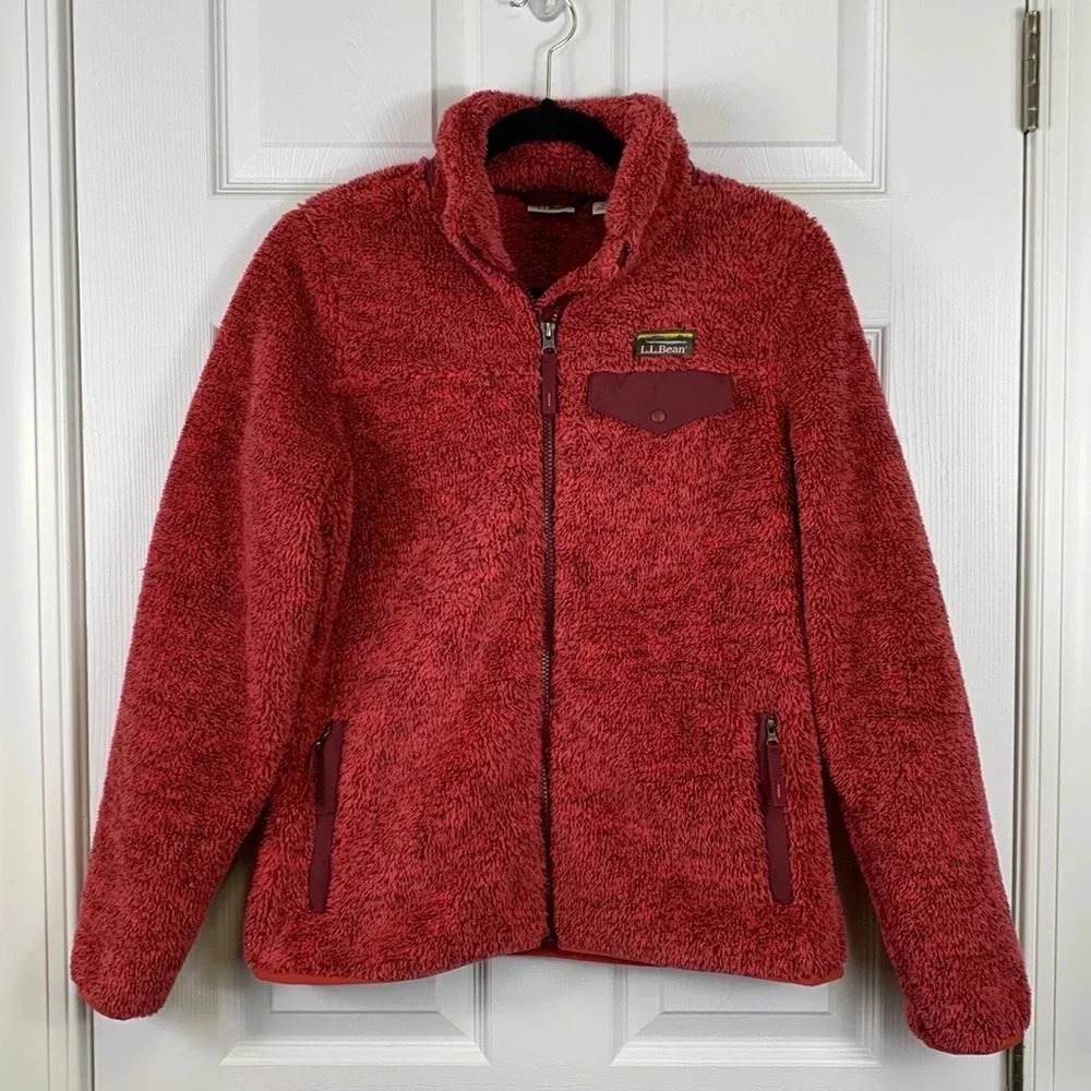 L.L. Bean red fuzzy Sherpa zip up jacket sz xs